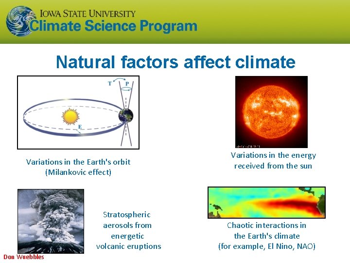 Natural factors affect climate Variations in the Earth's orbit (Milankovic effect) Stratospheric aerosols from Natural factors affect climate Variations in the Earth's orbit (Milankovic effect) Stratospheric aerosols from