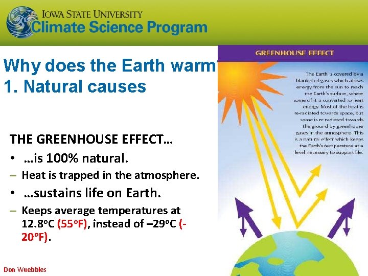 Why does the Earth warm? 1. Natural causes THE GREENHOUSE EFFECT… • …is 100% Why does the Earth warm? 1. Natural causes THE GREENHOUSE EFFECT… • …is 100%