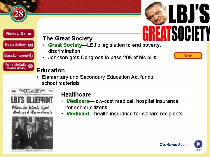 The Great Society • Great Society—LBJ’s legislation to end poverty, discrimination • Johnson gets