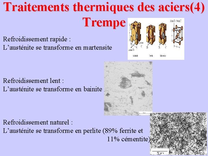 Traitements thermiques des aciers(4) Trempe Refroidissement rapide : L’austénite se transforme en martensite Refroidissement