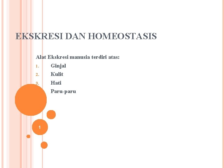 EKSKRESI DAN HOMEOSTASIS Alat Ekskresi manusia terdiri atas: 1. Ginjal 2. Kulit 3. Hati