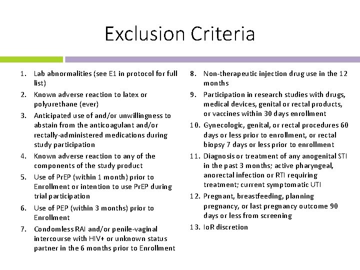 Exclusion Criteria 1. Lab abnormalities (see E 1 in protocol for full list) 2.