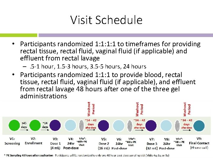 Visit Schedule • Participants randomized 1: 1: 1: 1 to timeframes for providing rectal