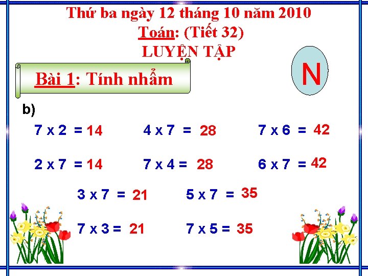 Thứ ba ngày 12 tháng 10 năm 2010 Toán: (Tiết 32) LUYỆN TẬP N