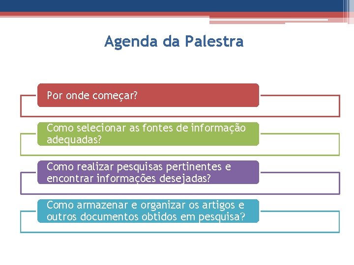 Agenda da Palestra Por onde começar? Como selecionar as fontes de informação adequadas? Como