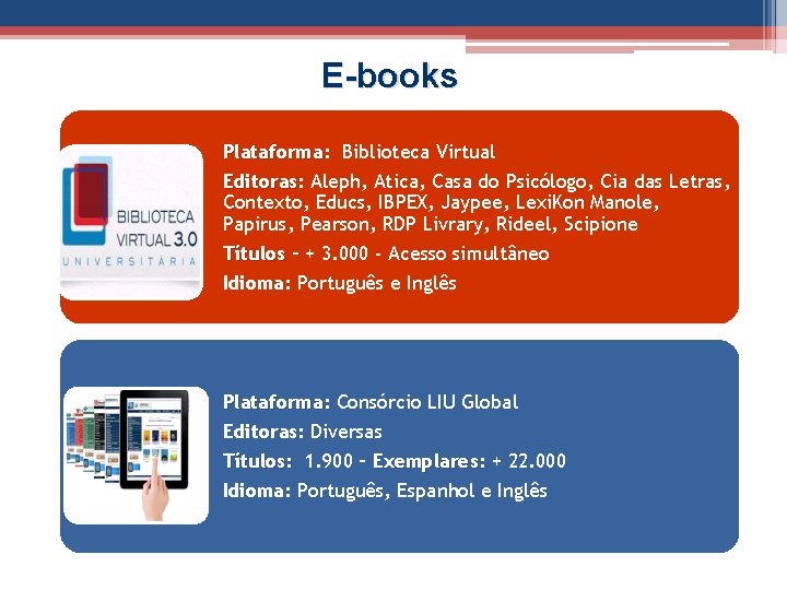 E-books Plataforma: Plataforma Biblioteca Virtual Editoras: Editoras Aleph, Atica, Casa do Psicólogo, Cia das