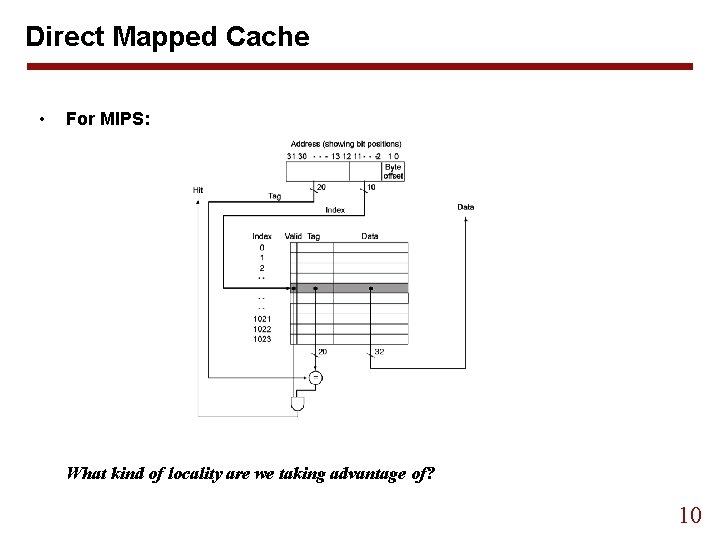 Direct Mapped Cache • For MIPS: What kind of locality are we taking advantage