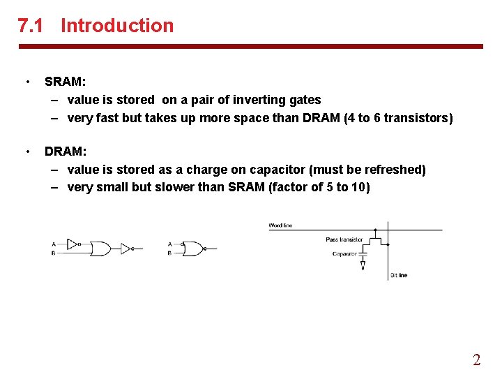 7. 1 Introduction • SRAM: – value is stored on a pair of inverting