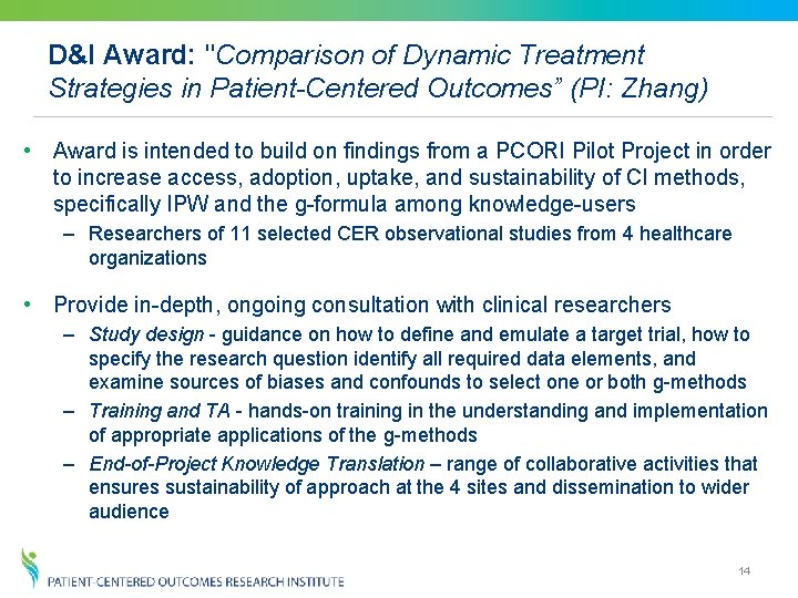 D&I Award: "Comparison of Dynamic Treatment Strategies in Patient-Centered Outcomes” (PI: Zhang) • Award