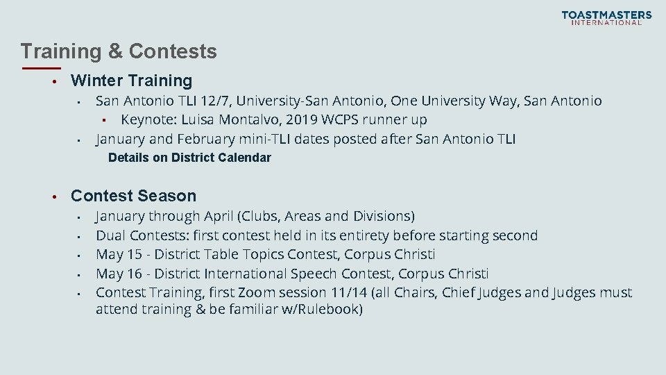 Training & Contests • Winter Training • • San Antonio TLI 12/7, University-San Antonio,