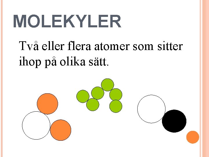 MOLEKYLER Två eller flera atomer som sitter ihop på olika sätt. 