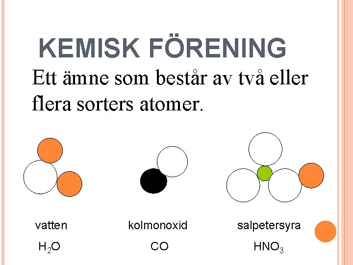 KEMISK FÖRENING Ett ämne som består av två eller flera sorters atomer. vatten kolmonoxid