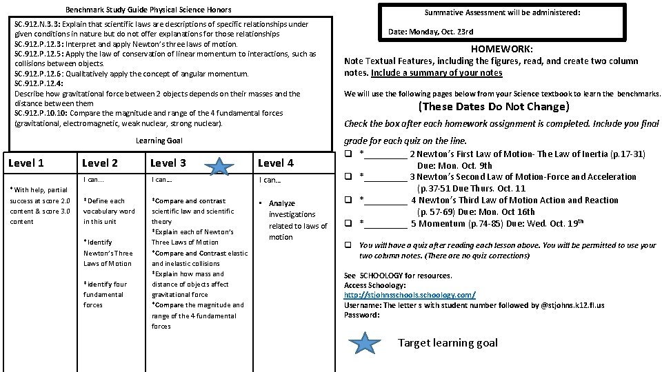 Benchmark Study Guide Physical Science Honors Summative Assessment will be administered: SC. 912. N.