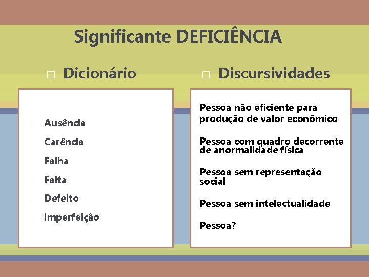 Significante DEFICIÊNCIA � Dicionário � Ausência � Carência � Falha � Falta � Defeito