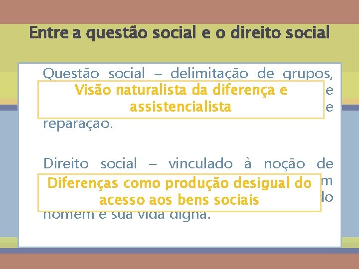 Entre a questão social e o direito social Questão social – delimitação de grupos,