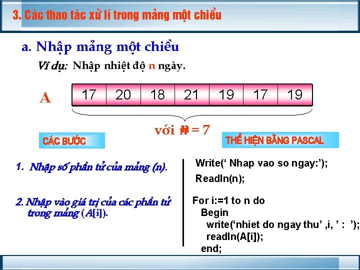 3. C¸c thao t¸c xö lÝ trong m¶ng mét chiÒu a. NhËp m¶ng mét