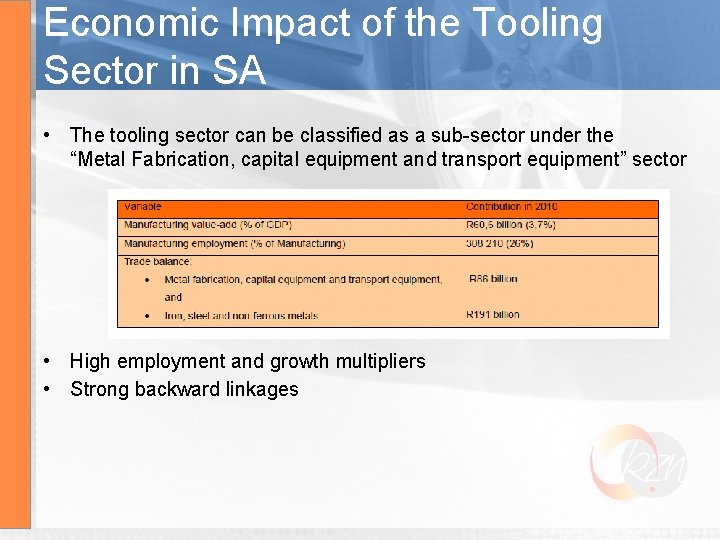 Economic Impact of the Tooling Sector in SA • The tooling sector can be