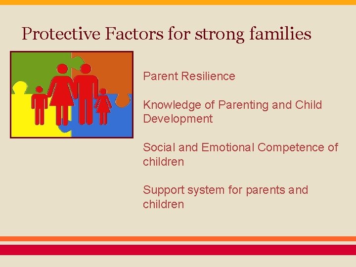 Protective Factors for strong families Parent Resilience Knowledge of Parenting and Child Development Social