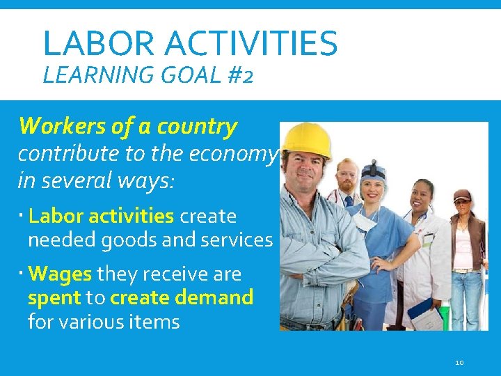 LABOR ACTIVITIES LEARNING GOAL #2 Workers of a country contribute to the economy in