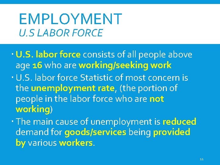 EMPLOYMENT U. S LABOR FORCE U. S. labor force consists of all people above