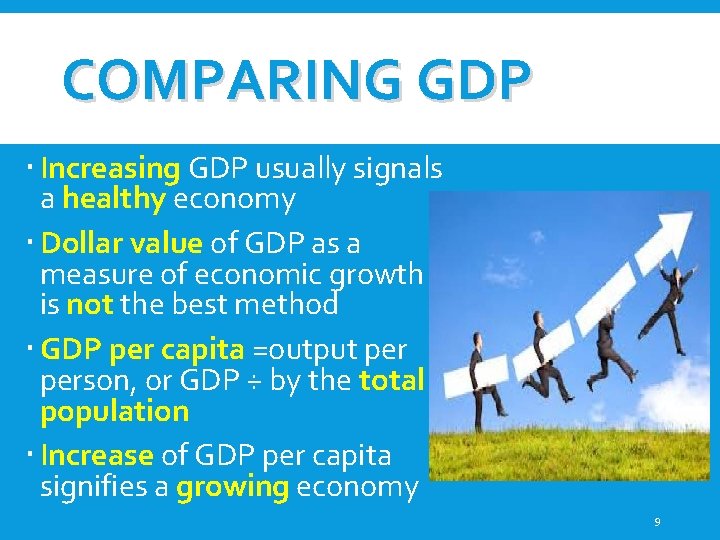 COMPARING GDP Increasing GDP usually signals a healthy economy Dollar value of GDP as