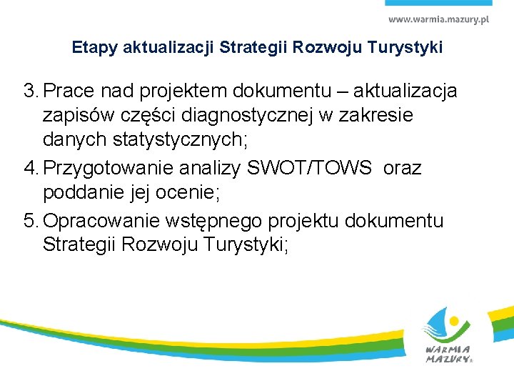 Etapy aktualizacji Strategii Rozwoju Turystyki 3. Prace nad projektem dokumentu – aktualizacja zapisów części