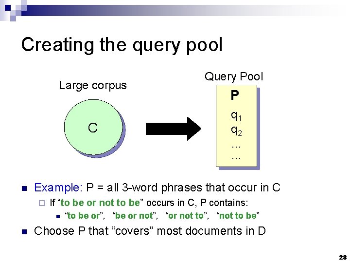 Creating the query pool Large corpus C n P q 1 q 2 …