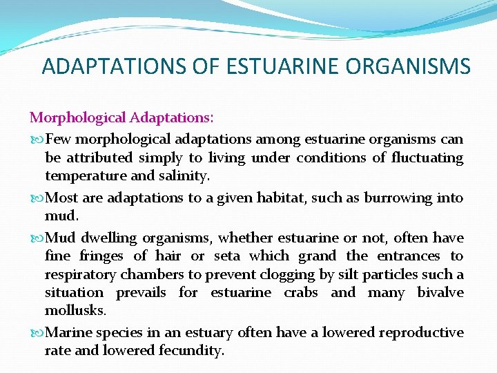 ADAPTATIONS OF ESTUARINE ORGANISMS Morphological Adaptations: Few morphological adaptations among estuarine organisms can be