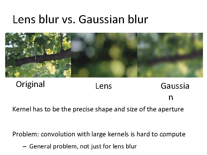 Lens blur vs. Gaussian blur Original Lens Gaussia n Kernel has to be the