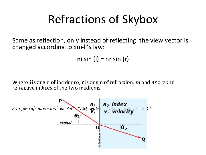 Refractions of Skybox Same as reflection, only instead of reflecting, the view vector is