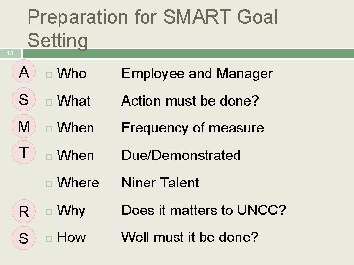 13 Preparation for SMART Goal Setting A Who Employee and Manager S What Action