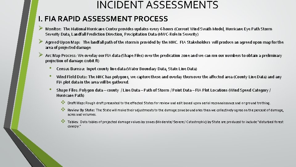 INCIDENT ASSESSMENTS I. FIA RAPID ASSESSMENT PROCESS Ø Monitor: The National Hurricane Center provides