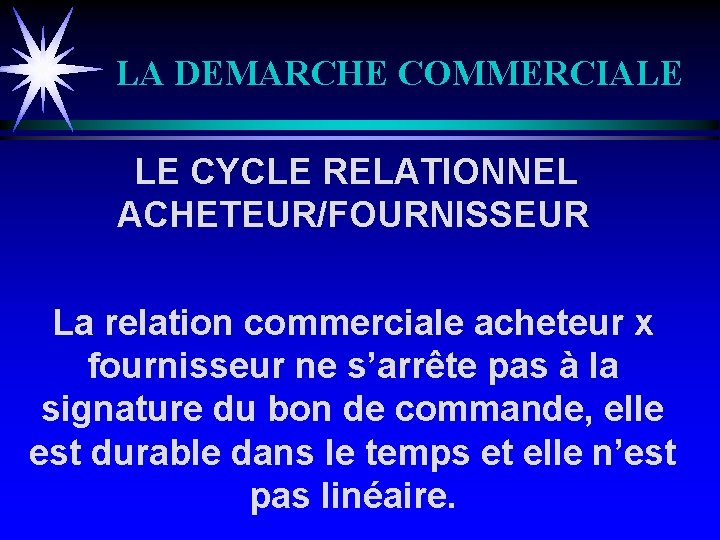 LA DEMARCHE COMMERCIALE LE CYCLE RELATIONNEL ACHETEUR/FOURNISSEUR La relation commerciale acheteur x fournisseur ne