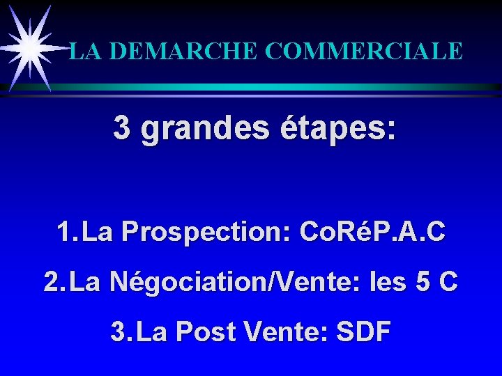 LA DEMARCHE COMMERCIALE 3 grandes étapes: 1. La Prospection: Co. RéP. A. C 2.