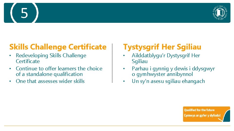 5 Skills Challenge Certificate Tystysgrif Her Sgiliau • Redeveloping Skills Challenge Certificate • Continue