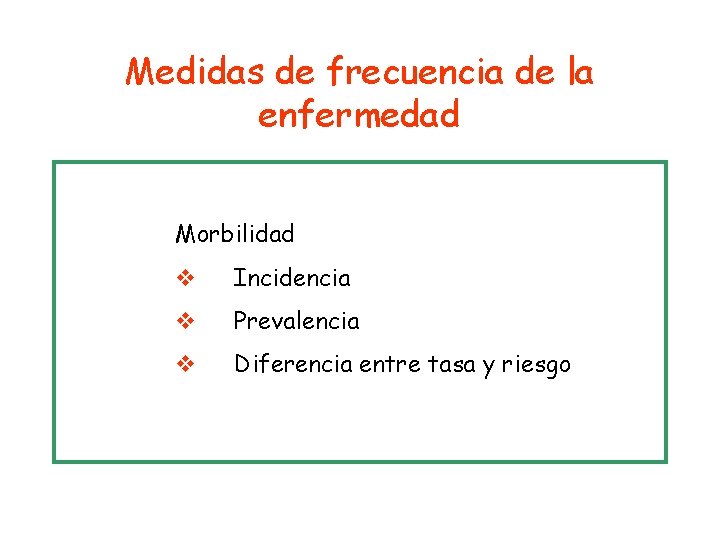 Medidas de frecuencia de la enfermedad Morbilidad v Incidencia v Prevalencia v Diferencia entre