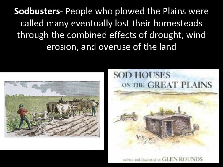 Sodbusters- People who plowed the Plains were called many eventually lost their homesteads through