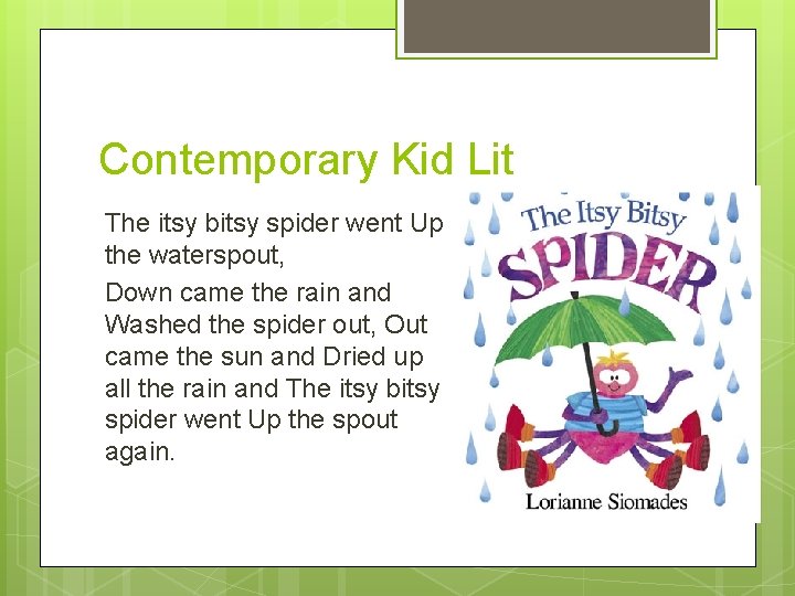 Contemporary Kid Lit The itsy bitsy spider went Up the waterspout, Down came the