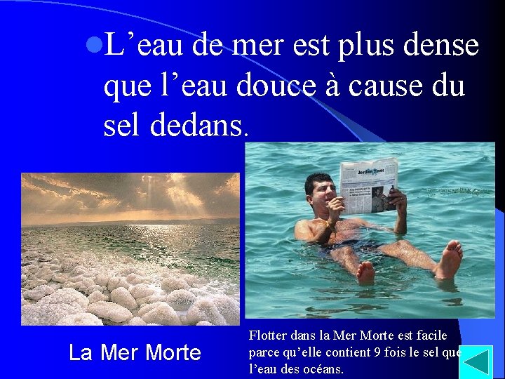 l. L’eau de mer est plus dense que l’eau douce à cause du sel