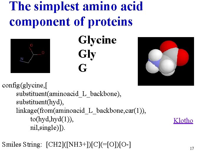 The simplest amino acid component of proteins Glycine Gly G config(glycine, [ substituent(aminoacid_L_backbone), substituent(hyd),