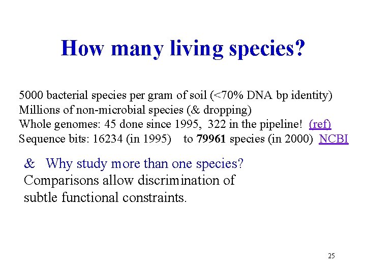 How many living species? 5000 bacterial species per gram of soil (<70% DNA bp