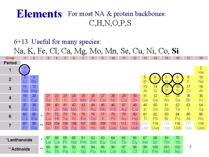 Elements For most NA & protein backbones: C, H, N, O, P, S 6+13