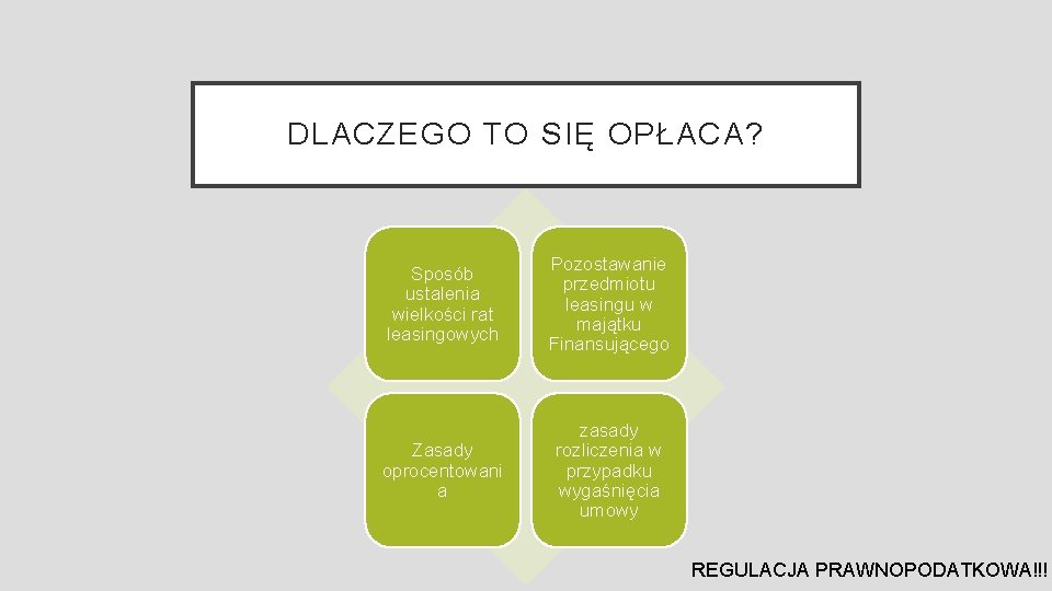 DLACZEGO TO SIĘ OPŁACA? Sposób ustalenia wielkości rat leasingowych Pozostawanie przedmiotu leasingu w majątku