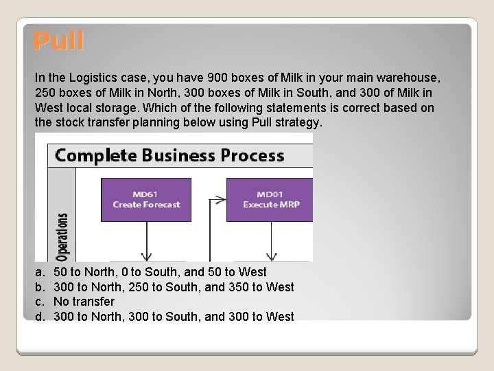 Pull In the Logistics case, you have 900 boxes of Milk in your main