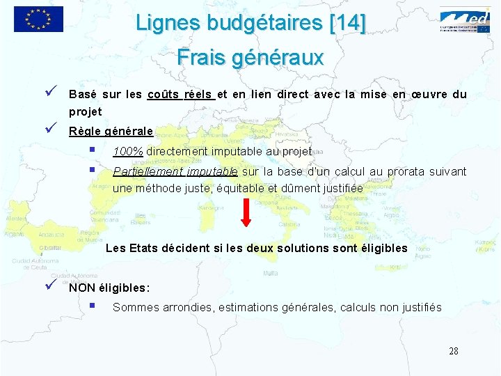 Lignes budgétaires [14] Frais généraux ü Basé sur les coûts réels et en lien