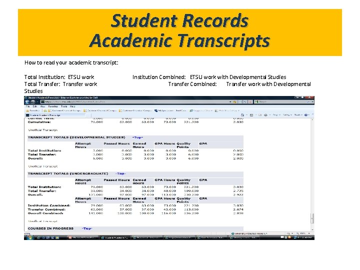 Student Records What’s in. Transcripts Gold. Link? Academic How to read your academic transcript: