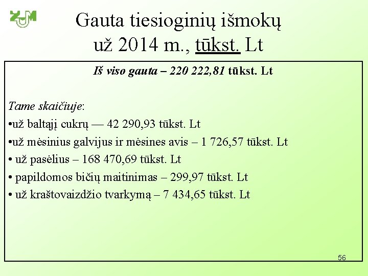 Gauta tiesioginių išmokų už 2014 m. , tūkst. Lt Iš viso gauta – 220