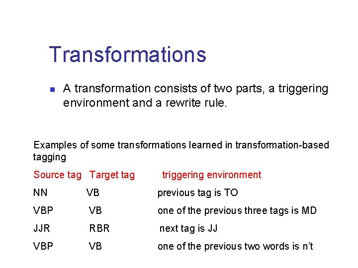 Transformations n A transformation consists of two parts, a triggering environment and a rewrite