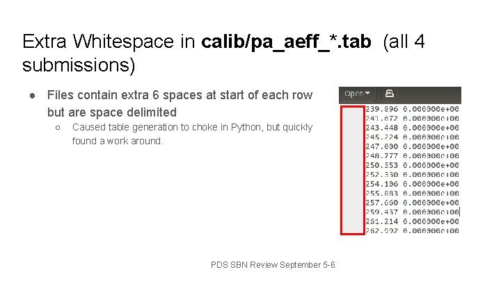 Extra Whitespace in calib/pa_aeff_*. tab (all 4 submissions) ● Files contain extra 6 spaces