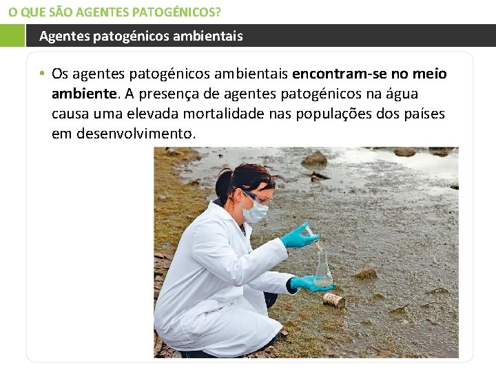 O QUE SÃO AGENTES PATOGÉNICOS? Agentes patogénicos ambientais • Os agentes patogénicos ambientais encontram-se